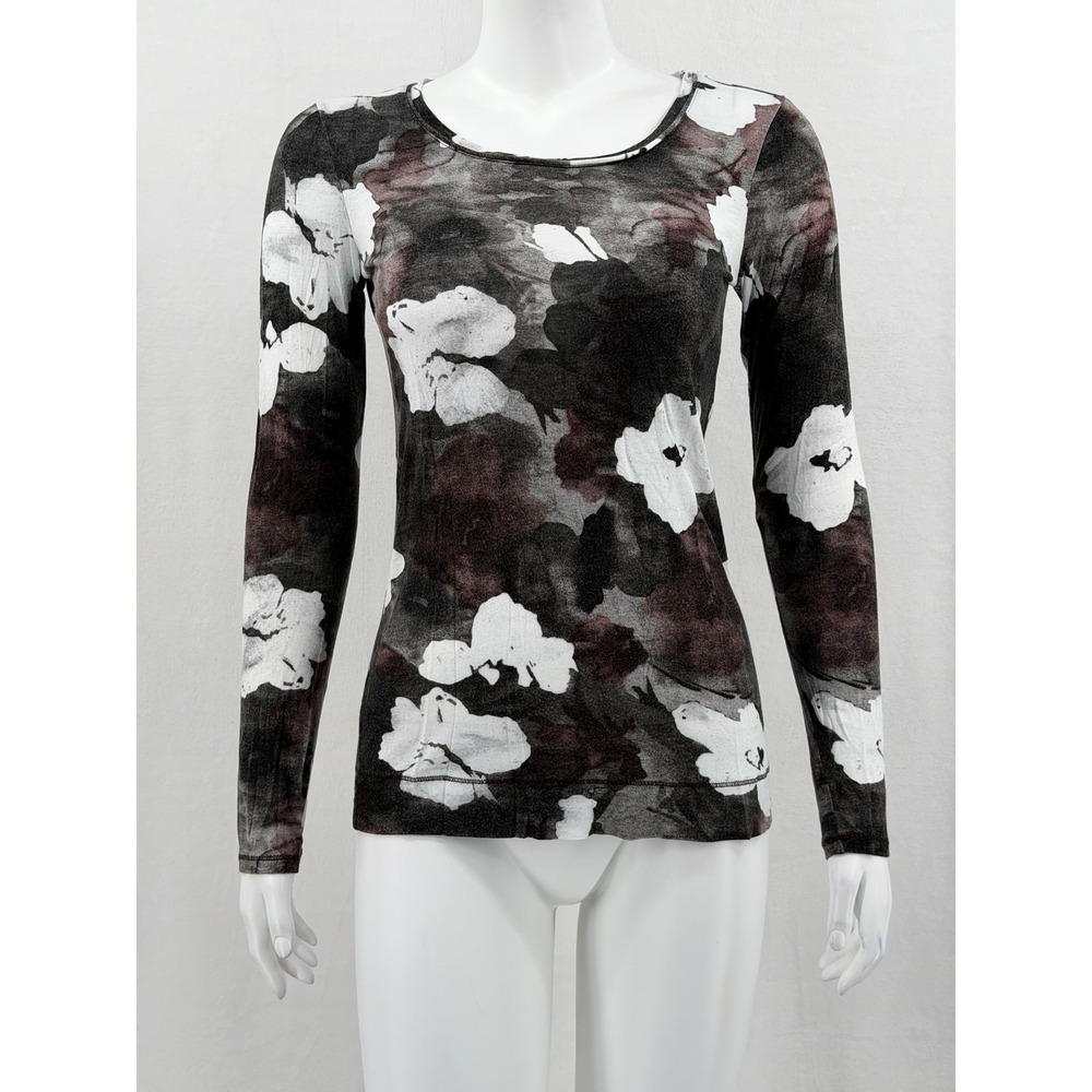 Simply Vera Wang Top Womens XS Gray Floral Artsy Watercolor Long Sleeve Office
